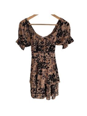 Shasa Floral Velvet Overlay Mini Dress Tunic Top Sz S Neutral Puff Sleeve Fairy